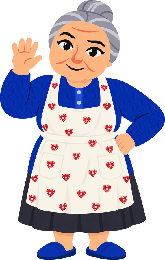 Baka, the grandmother who teaches Croatian in the Hrvatski app, waving hello in her apron